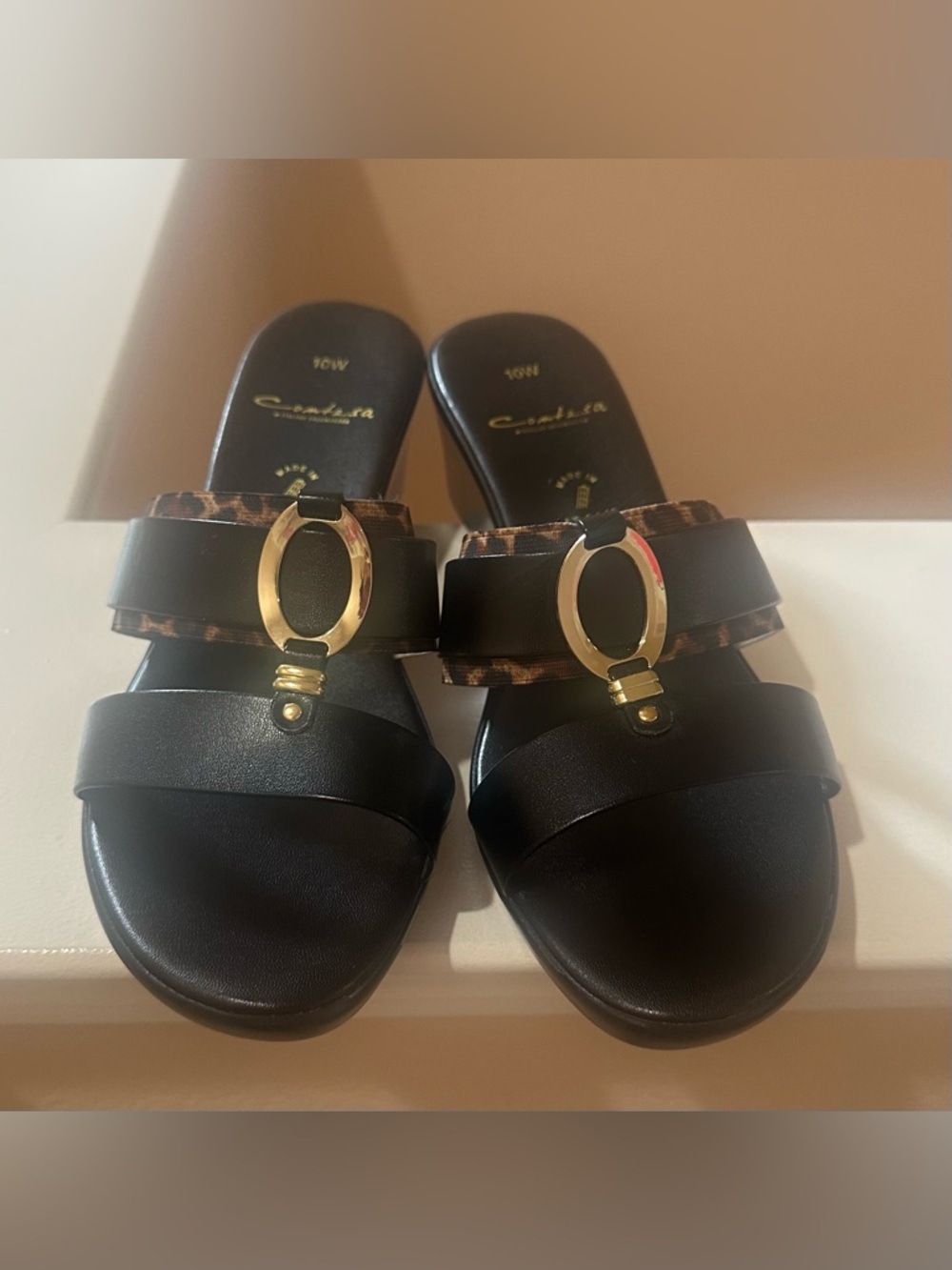 New Womens Contesa Italian Shoemaker Sandals Wedge Animal Print Black Slides 10W